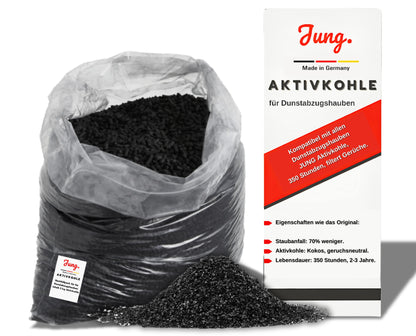 JUNG Aktivkohle Nachfüllpack 4 kg für Dunstabzugshauben – Spezialkohle aus Kokosnussschalen gegen Küchengerüche – Feinstaubreduziert, Universalkompatibel, Langzeitfilter Made in Germany ( 1004748 )