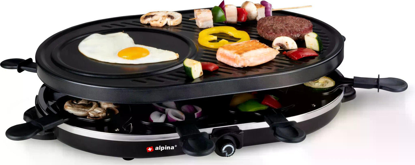 ALPINA Raclette-Eisengrill Gourmet Partygrill für 8 Personen mit Antihaftbeschichtung, 1200 Watt Leistung, Abnehmbare Grillplatte, 8 Raclette-Pfännchen, 8 Spatel, Hitzebeständiges Gehäuse, Kompaktes Design