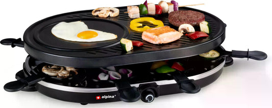 ALPINA Raclette-Eisengrill Gourmet Partygrill für 8 Personen mit Antihaftbeschichtung, 1200 Watt Leistung, Abnehmbare Grillplatte, 8 Raclette-Pfännchen, 8 Spatel, Hitzebeständiges Gehäuse, Kompaktes Design