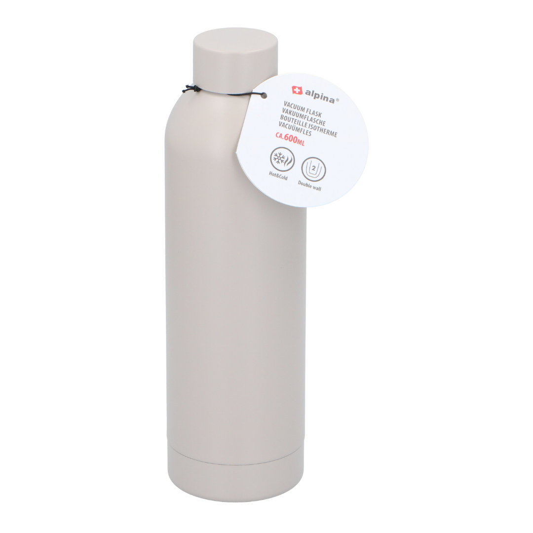 ALPINA Alu Trinkflasche 600ml Beige Flasche Auslaufsicher Leichte Sportflasche für Alltag Freizeit Outdoor Wandern Reisen Fitness Schule Camping