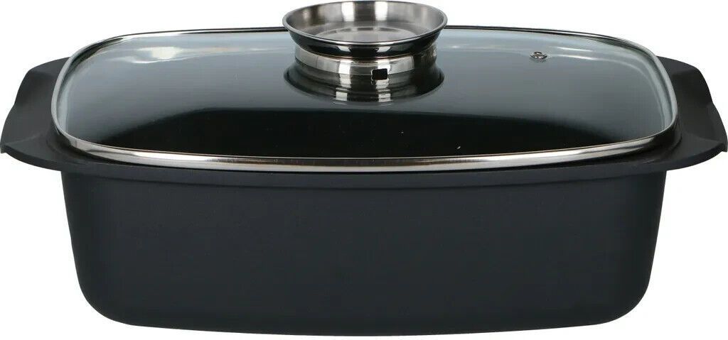 JUNG ALPINA XXL Aluguss Bräter 5,5L mit Glasdeckel, Aromaknopf & Antihaftbeschichtung – Rechteckiger Schmortopf Ofenform Bratentopf Aluminiumguss Ofenfest für Fleisch Gemüse Backofen Herd