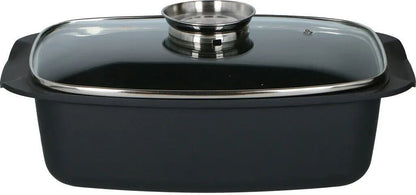 JUNG ALPINA XXL Aluguss Bräter 5,5L mit Glasdeckel, Aromaknopf & Antihaftbeschichtung – Rechteckiger Schmortopf Ofenform Bratentopf Aluminiumguss Ofenfest für Fleisch Gemüse Backofen Herd