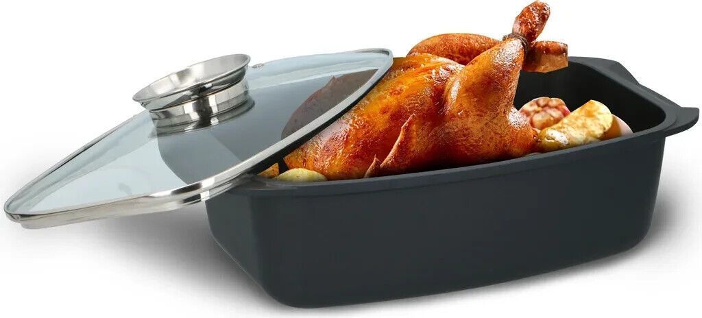 JUNG ALPINA XXL Aluguss Bräter 5,5L mit Glasdeckel, Aromaknopf & Antihaftbeschichtung – Rechteckiger Schmortopf Ofenform Bratentopf Aluminiumguss Ofenfest für Fleisch Gemüse Backofen Herd