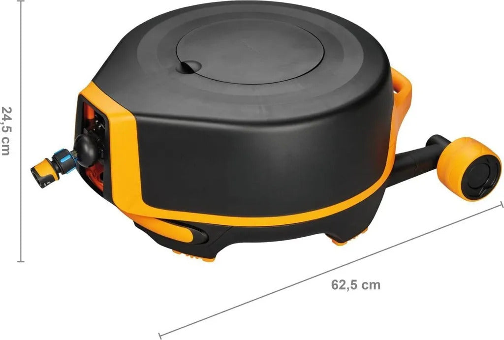 Fiskars Waterwheel XL Schlauchtrommel mit automatischem Aufroller, 20 Meter Auslaufschlauch, 7 Meter Zulaufschlauch, verstellbare Sprühdüse, Universal-Hahnverbinder, freistehend mit 360° Drehmechanismus, Gummiräder, Teleskopgriff