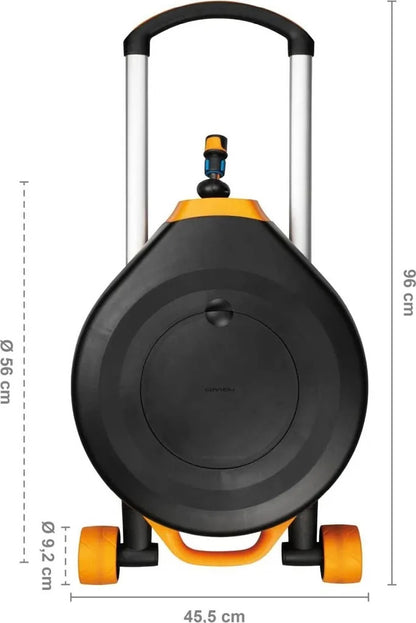 Fiskars Waterwheel XL Schlauchtrommel mit automatischem Aufroller, 20 Meter Auslaufschlauch, 7 Meter Zulaufschlauch, verstellbare Sprühdüse, Universal-Hahnverbinder, freistehend mit 360° Drehmechanismus, Gummiräder, Teleskopgriff