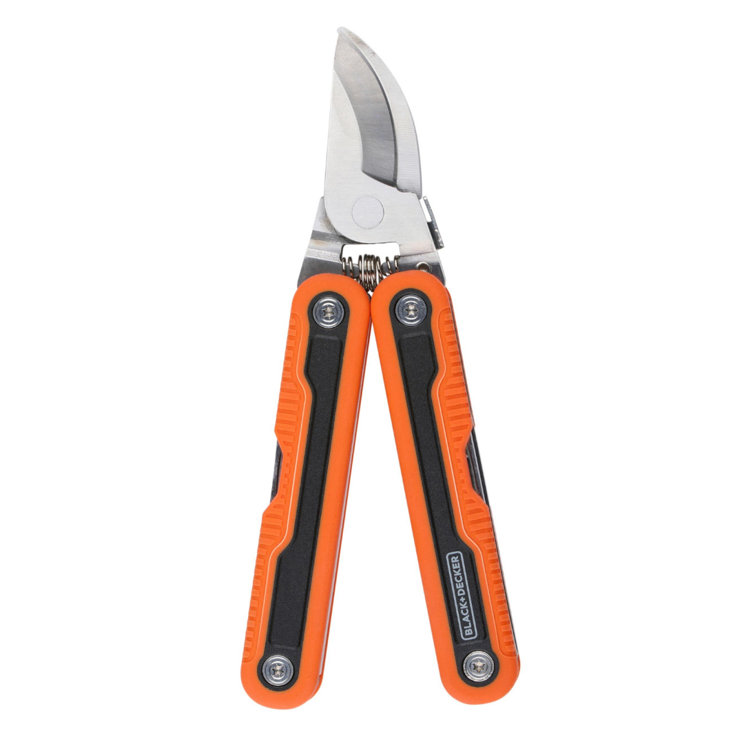 BLACK+DECKER Garten-Multitool 6-in-1 Orange Schwarz Multitool Schere Messer Säge Unkrautbekämpfung Wurzelentferner Flaschenöffner Handwerk Tragbar