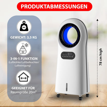 JUNG LIFEBLADE Mobile Klimaanlage ohne Abluftschlauch – 3in1 Luftkühler Luftbefeuchter Luftreiniger mit Wasserkühlung & Fernbedienung – leiser Ventilator für Schlafzimmer & Büro