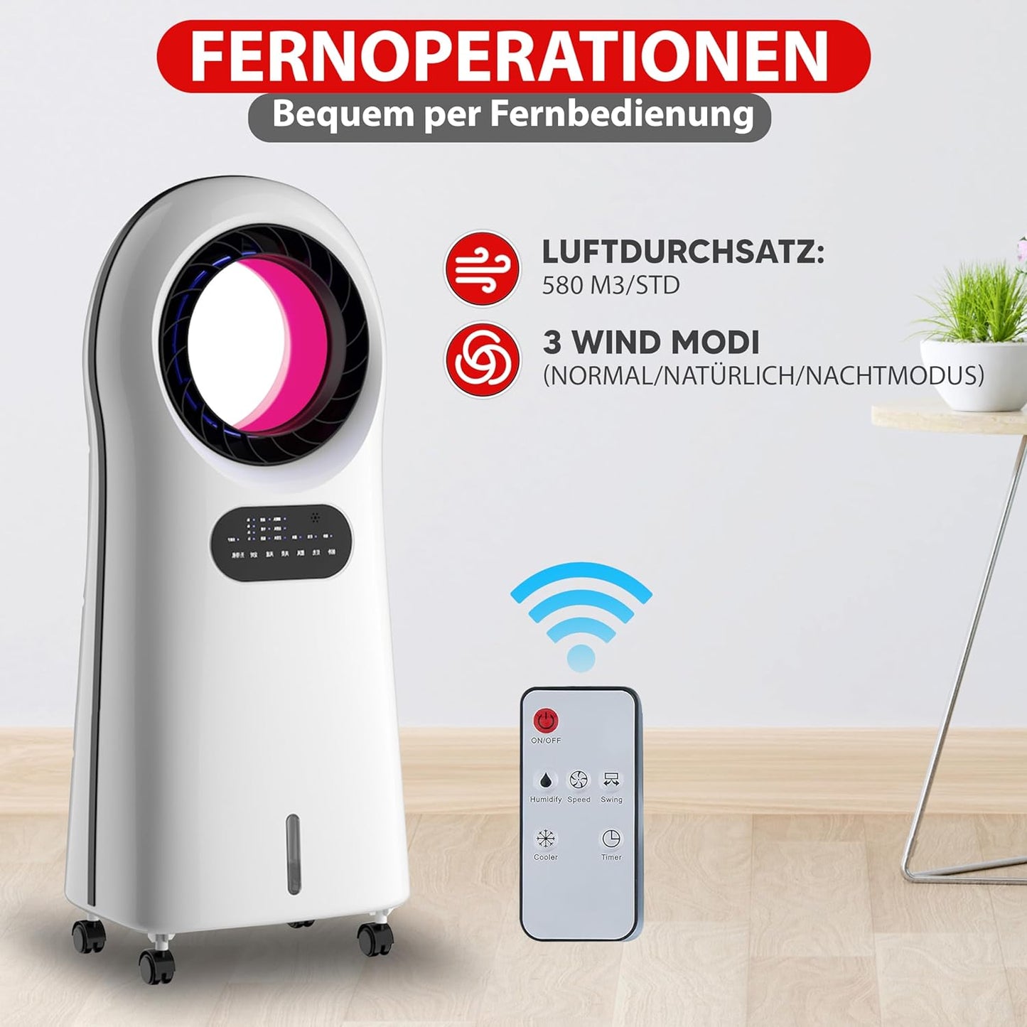 JUNG LIFEBLADE Mobile Klimaanlage ohne Abluftschlauch – 3in1 Luftkühler Luftbefeuchter Luftreiniger mit Wasserkühlung & Fernbedienung – leiser Ventilator für Schlafzimmer & Büro