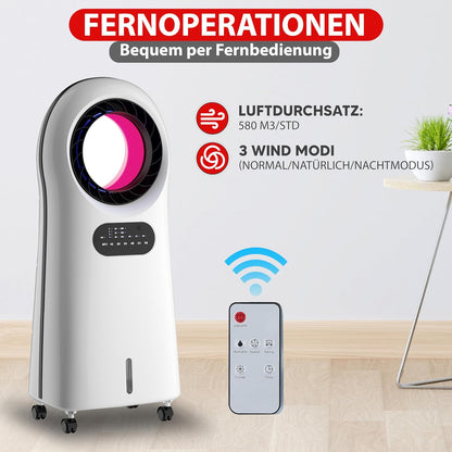 JUNG LIFEBLADE Mobile Klimaanlage ohne Abluftschlauch – 3in1 Luftkühler Luftbefeuchter Luftreiniger mit Wasserkühlung & Fernbedienung – leiser Ventilator für Schlafzimmer & Büro