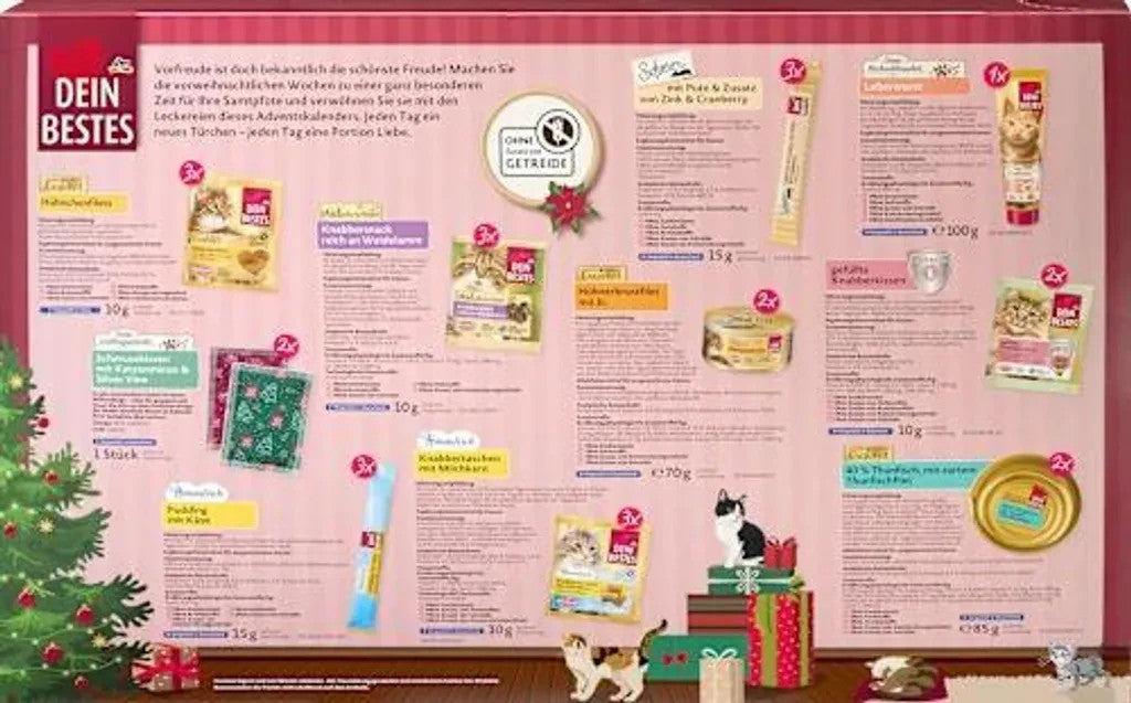 Dein Bestes Adventskalender 2025 für Katzen mit 24 Snacks, Knabbersnacks, Hühnchenfilets, Thunfischfilet, Schmusekissen, Katzenminze ( WERT : 100 € )