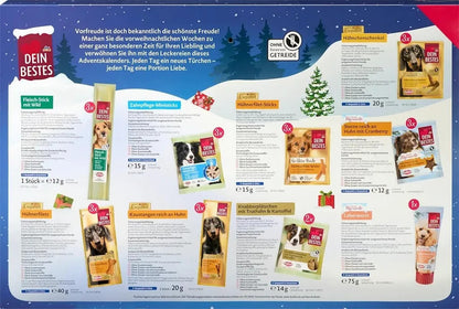 Dein Bestes Adventskalender 2025 für Hunde mit 24 Snacks, Hühnerfilet, Leberwurst, Kaustangen, Fleisch-Sticks, Zahnpflege-Ministicks, ( WERT : 100 €)