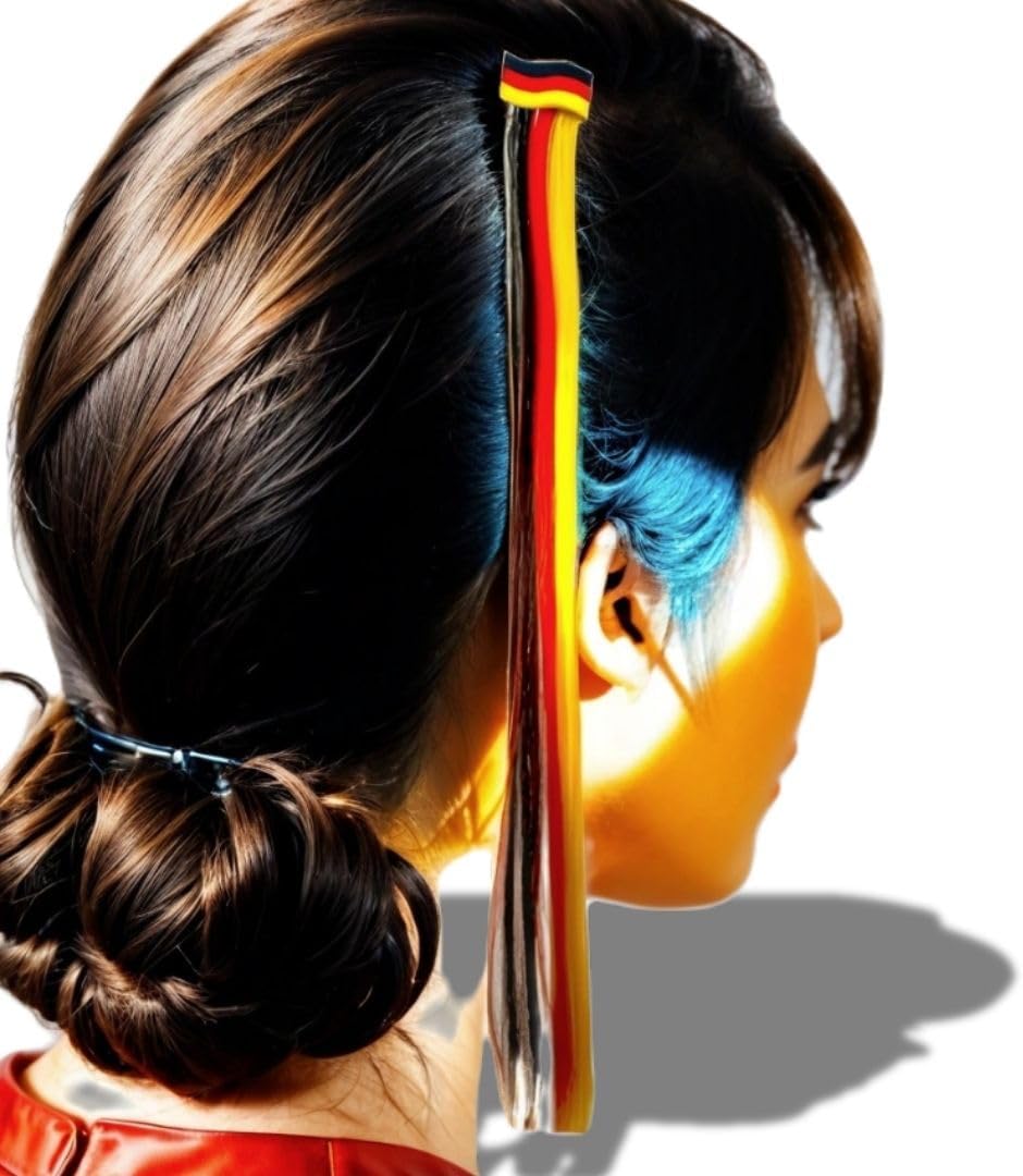 JUNG Extensions Haarverlängerung Deutschland Strähne Fußball EM 2024, Schwarz-Rot-Gold Fan-Haarsträhne, Clip-on oder elastische Extensions für Damen und Herren, Europameisterschaft 2024 Fanartikel