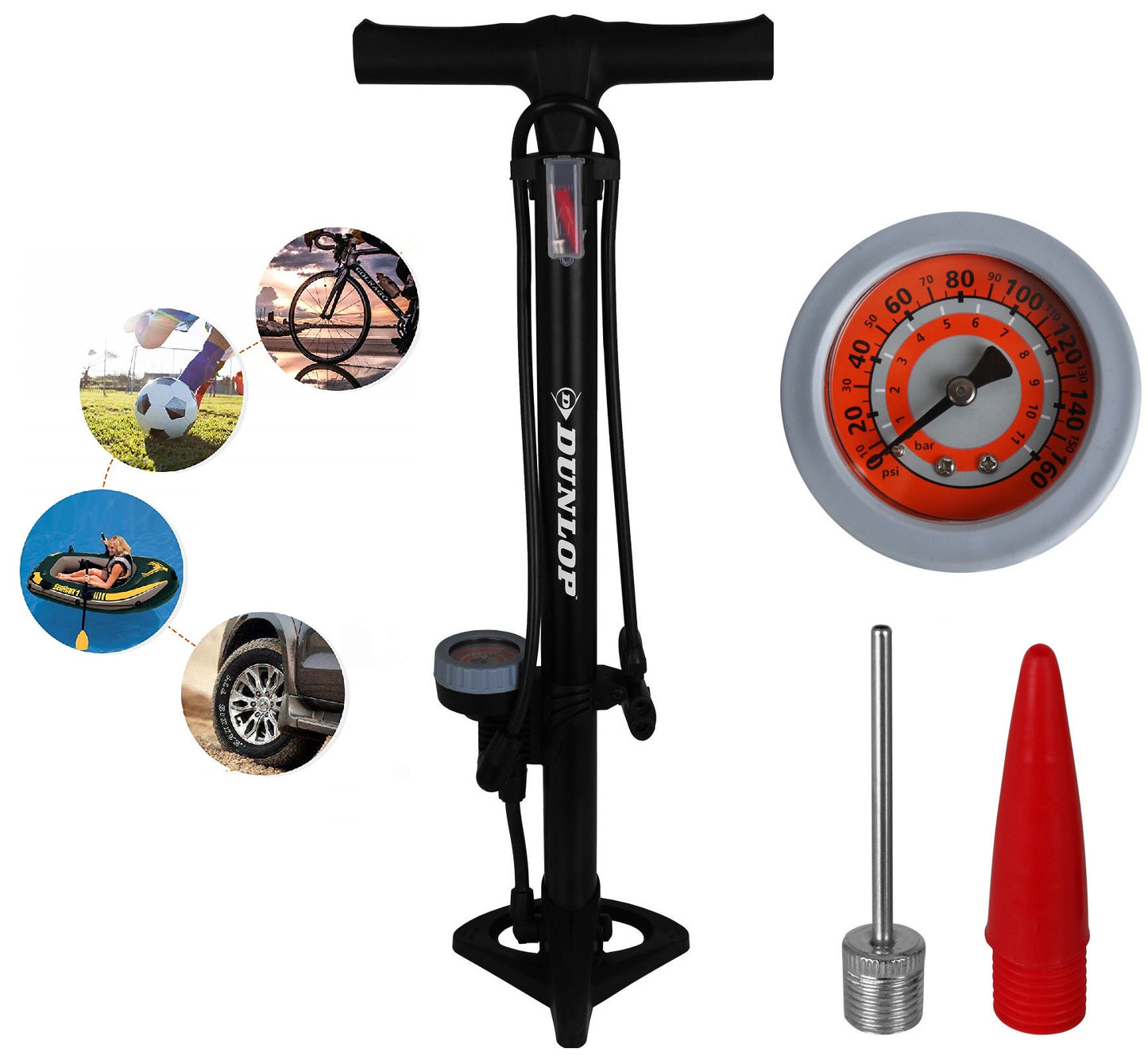 Dunlop SLP19 Standluftpumpe, Luftpumpe mit Manometer, max. Druck 11 Bar, Universalpumpe für Fahrrad, Auto, Sportbälle und Aufblasartikel, Aluminiumgehäuse, Kompakte Standpumpe für schnellen Luftdruck