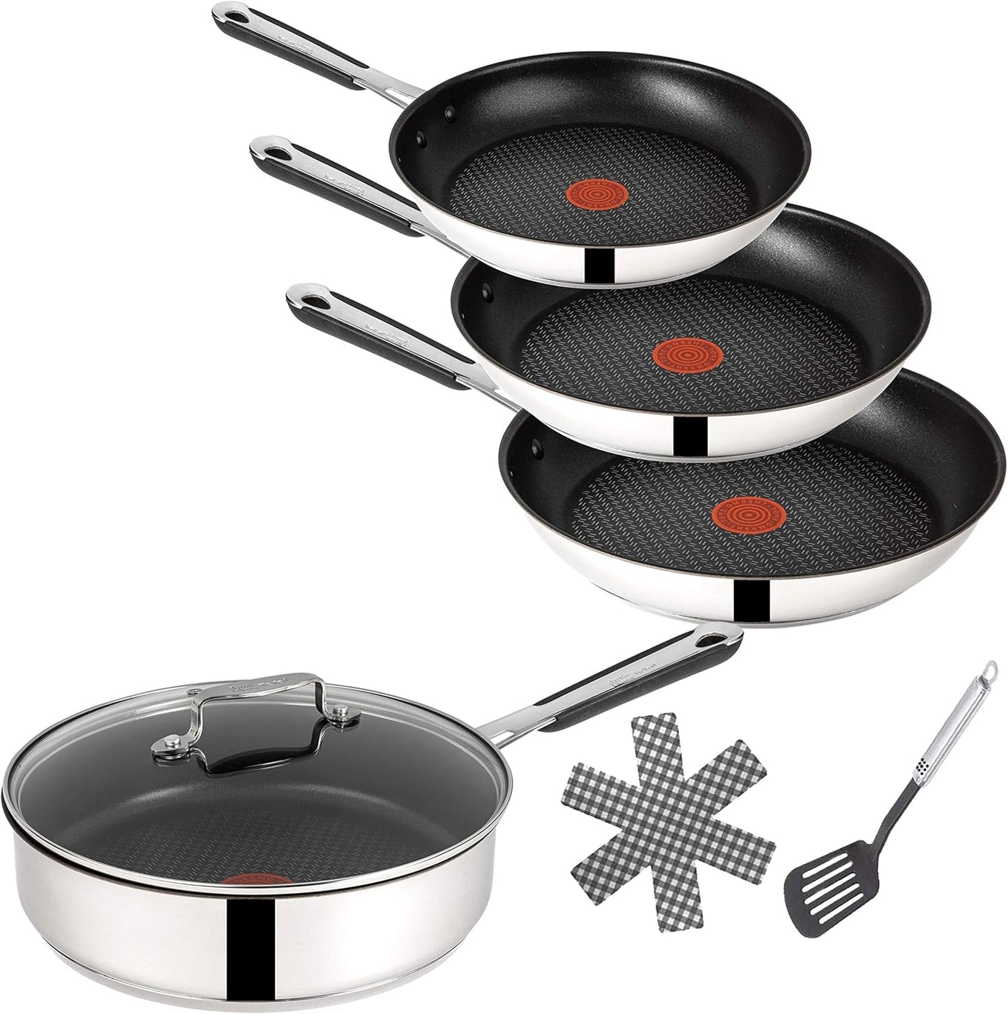 Tefal E30 Jamie Oliver 7-teiliges Set 18 Pfannenset Induktion, Schmorpfanne 25 cm mit Glasdeckel, Pfannen 20 cm, 24 cm, 28 cm, Antihaftbeschichtet, Spülmaschinenfest, Silber