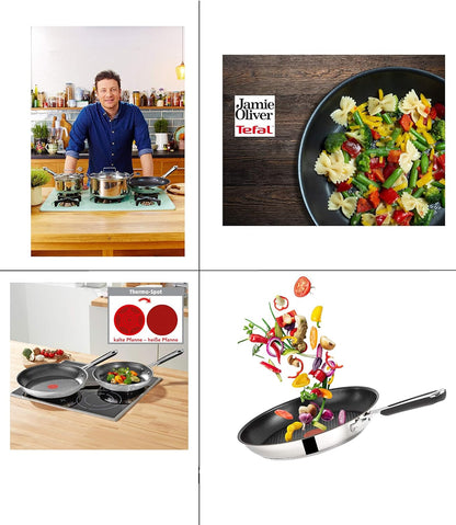 Tefal E30 Jamie Oliver 7-teiliges Set 18 Pfannenset Induktion, Schmorpfanne 25 cm mit Glasdeckel, Pfannen 20 cm, 24 cm, 28 cm, Antihaftbeschichtet, Spülmaschinenfest, Silber