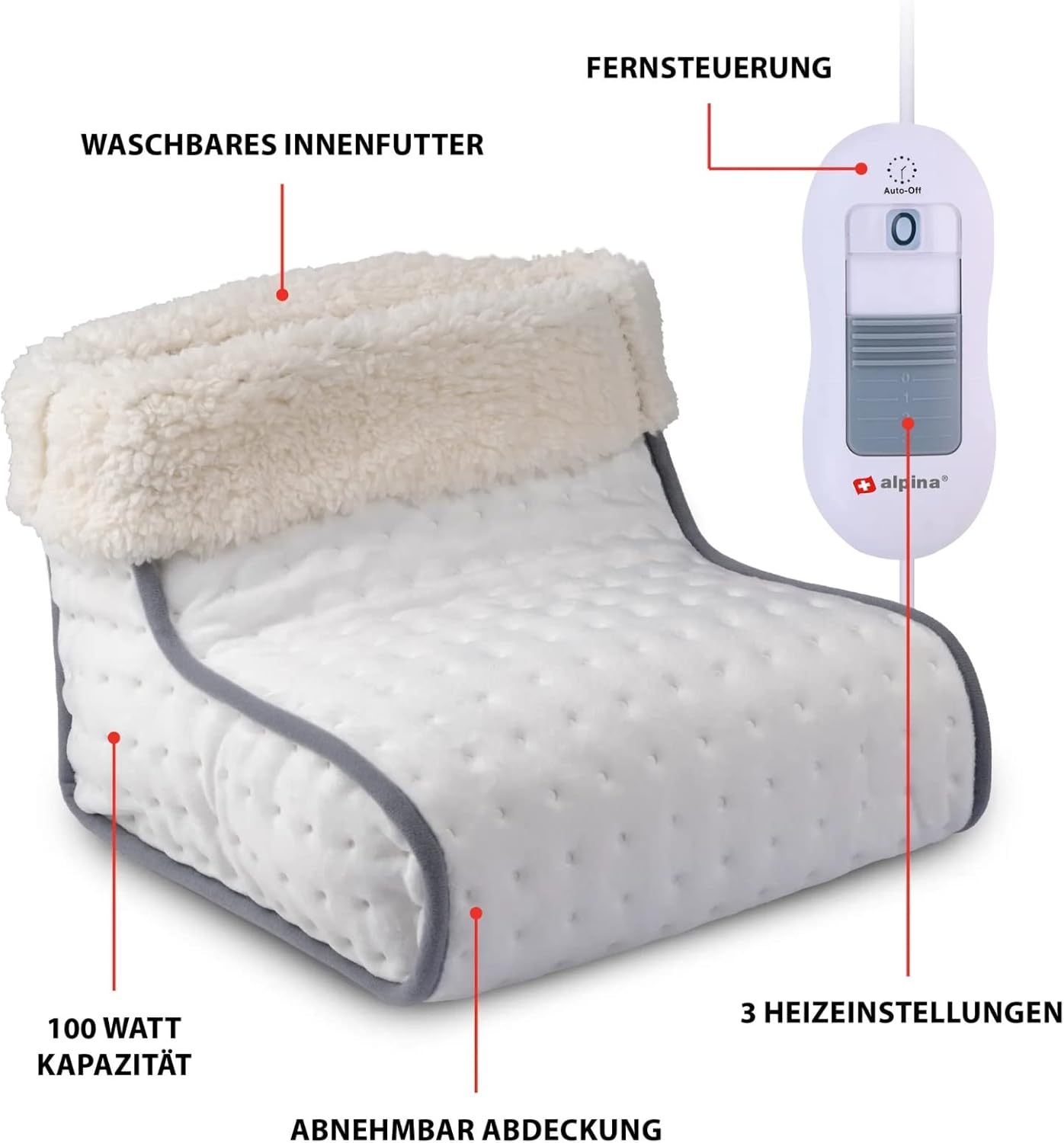 JUNG ALPINA Fußwärmer elektrisch – Fußheizung mit 3 Temperaturstufen, 100W Wärmeleistung, Fleece-Innenfutter, Abschaltautomatik, Fußsack für Damen & Herren bis Größe 46, waschbar & sicher