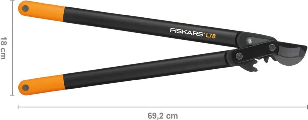 Fiskars PowerGear II L78 Bypass-Getriebeastschere, für frisches Holz, Antihaftbeschichtung, Gehärteter Präzisionsstahl, 70 cm, Leichte Gartenarbeit, Astschere, Baumschere, Gartenwerkzeug, Schwarz/Orange