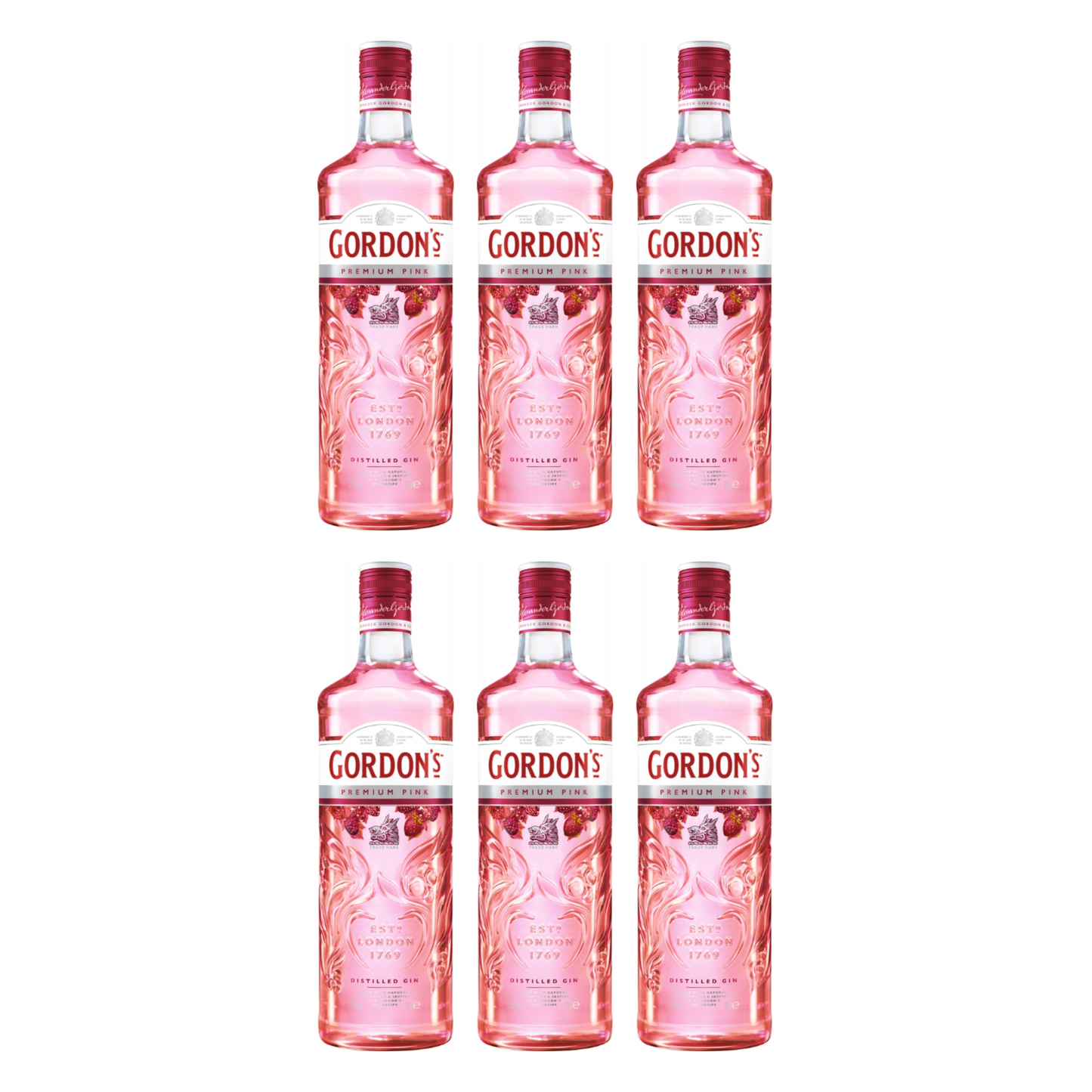 Gordon’s Premium Pink Distilled Gin 6er 0,7l Alkohol Set – Fruchtiger Pink Gin mit 37,5% Vol. - Roséfarbener London Gin mit Himbeer-, Erdbeer- und Johannisbeeraromen im praktischen 3er Flaschenpack - Alcohol