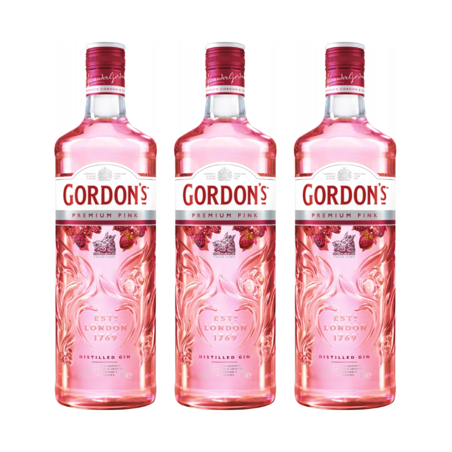 Gordon’s Premium Pink Distilled Gin 3er 0,7l Alkohol Set – Fruchtiger Pink Gin mit 37,5% Vol. - Roséfarbener London Gin mit Himbeer-, Erdbeer- und Johannisbeeraromen im praktischen 3er Flaschenpack - Alcohol