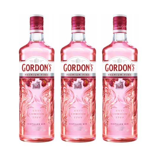 Gordon’s Premium Pink Distilled Gin 3er 0,7l Alkohol Set – Fruchtiger Pink Gin mit 37,5% Vol. - Roséfarbener London Gin mit Himbeer-, Erdbeer- und Johannisbeeraromen im praktischen 3er Flaschenpack - Alcohol