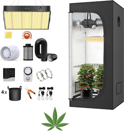 JUNG Growbox Komplettset 40x40x120 mit LED Vollspektrum 100W dimmbar, Mini Anzucht Zelt mit Abluft Ventilator & Aktivkohlefilter – Indoor Pflanzenzucht Set Gewächshaus für Anfänger & Profis