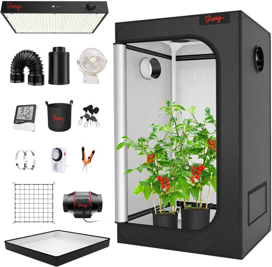 JUNG GrowUP2 Komplettset – 200W LED Vollspektrum Grow Lampe, 100x100x200 cm Growbox, Lüfter & Kohlefilter, Pflanzennetz, Hygrometer, Zeitschaltuhr – Kompakte Anbau Lösung für den Hausgebrauch