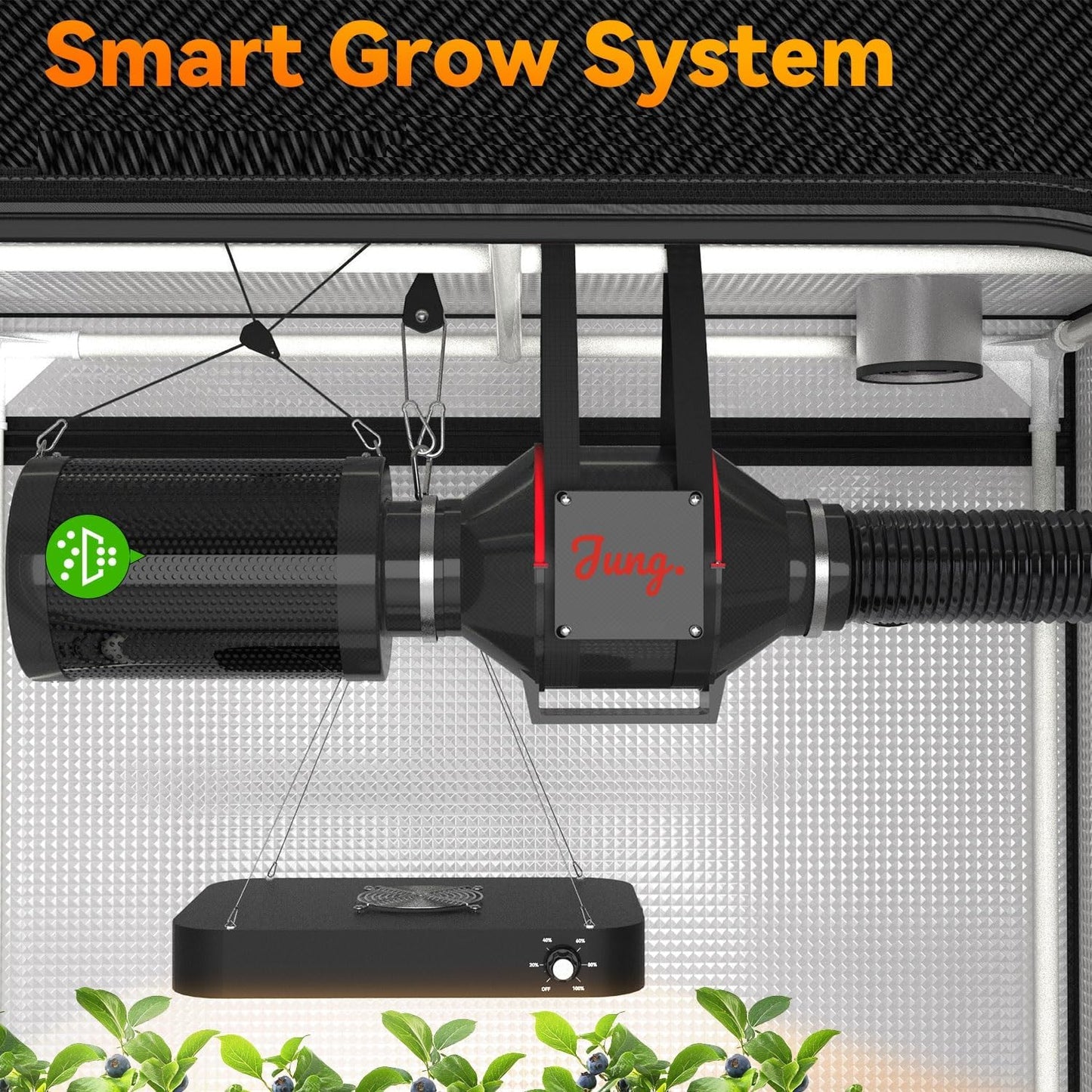 JUNG GrowUP2 Komplettset – 200W LED Vollspektrum Grow Lampe, 100x100x200 cm Growbox, Lüfter & Kohlefilter, Pflanzennetz, Hygrometer, Zeitschaltuhr – Kompakte Anbau Lösung für den Hausgebrauch