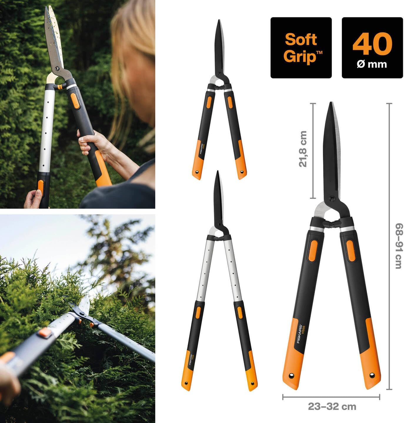 Fiskars SmartFit HS86 Teleskop-Heckenschere, Langlebige Hochwertige Stahlklingen, Antihaftbeschichtet, Teleskop-Gartenwerkzeug für Hecken und Sträucher, Ergonomisch, Rutschfeste Griffe, Verstellbar 68-93 cm, Schwarz/Orange