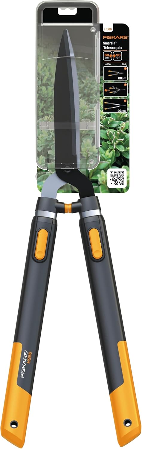 Fiskars SmartFit HS86 Teleskop-Heckenschere, Langlebige Hochwertige Stahlklingen, Antihaftbeschichtet, Teleskop-Gartenwerkzeug für Hecken und Sträucher, Ergonomisch, Rutschfeste Griffe, Verstellbar 68-93 cm, Schwarz/Orange