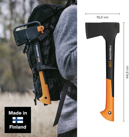 Fiskars Universalaxt X10-S, 980g Kompaktaxt 44 cm mit Antihaft-Stahlklinge und Glasfasergriff, Hackaxt für Holz bis 10 cm, Bau- und Tischlerarbeiten, inklusive Transportschutz, Schwarz/Orange, 1015619