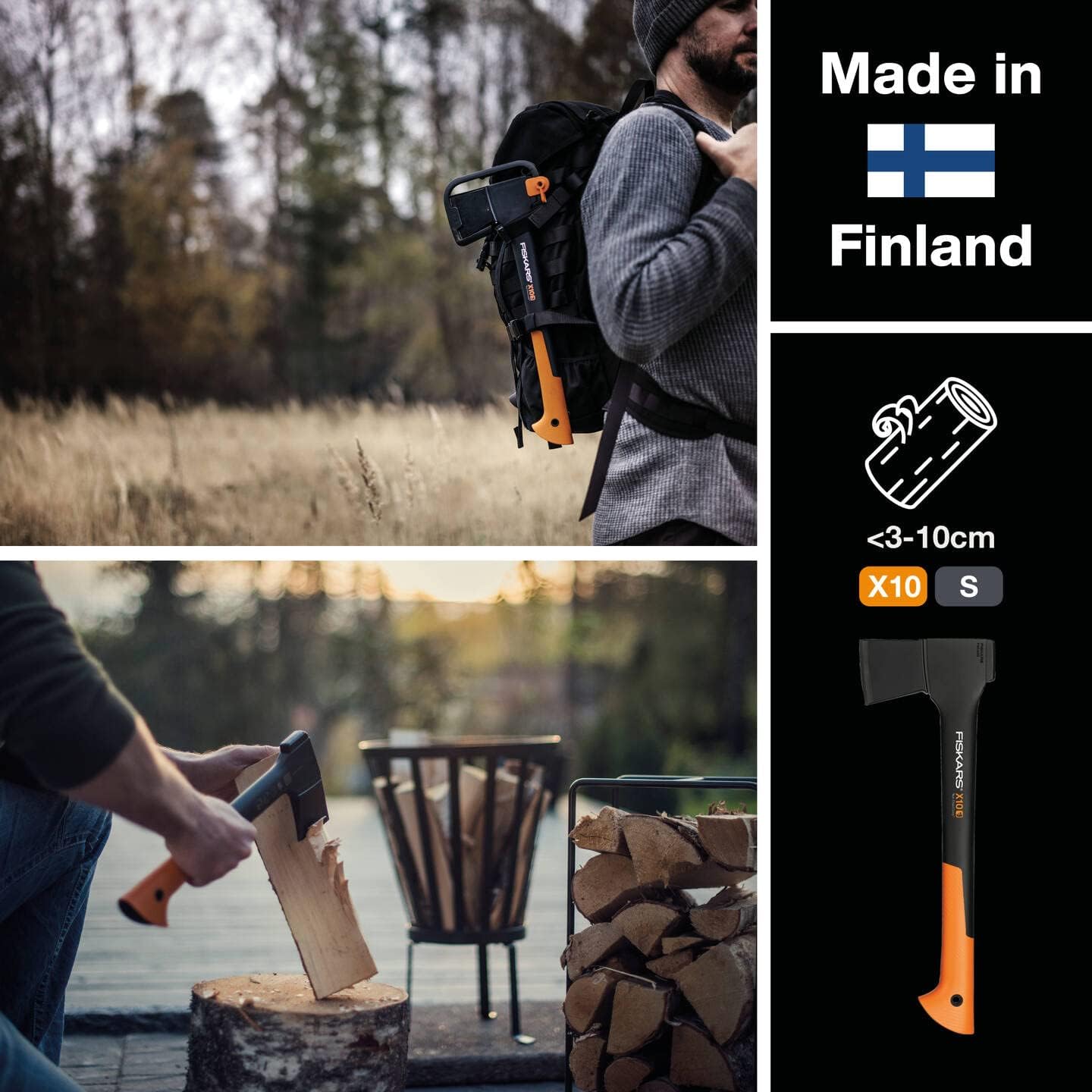 Fiskars Universalaxt X10-S, 980g Kompaktaxt 44 cm mit Antihaft-Stahlklinge und Glasfasergriff, Hackaxt für Holz bis 10 cm, Bau- und Tischlerarbeiten, inklusive Transportschutz, Schwarz/Orange, 1015619