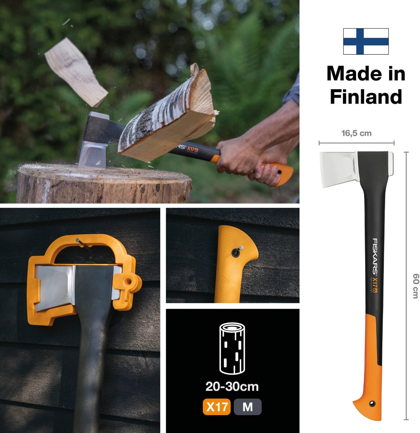 Fiskars Spaltaxt X17-M, 1,53 kg Holzspaltaxt mit Antihaft-Stahlklinge, Glasfasergriff, 60 cm Axt für mittelgroße Holzstämme, Kaminholz-Axt inkl. Transportschutz, Schwarz/Orange, 1015641