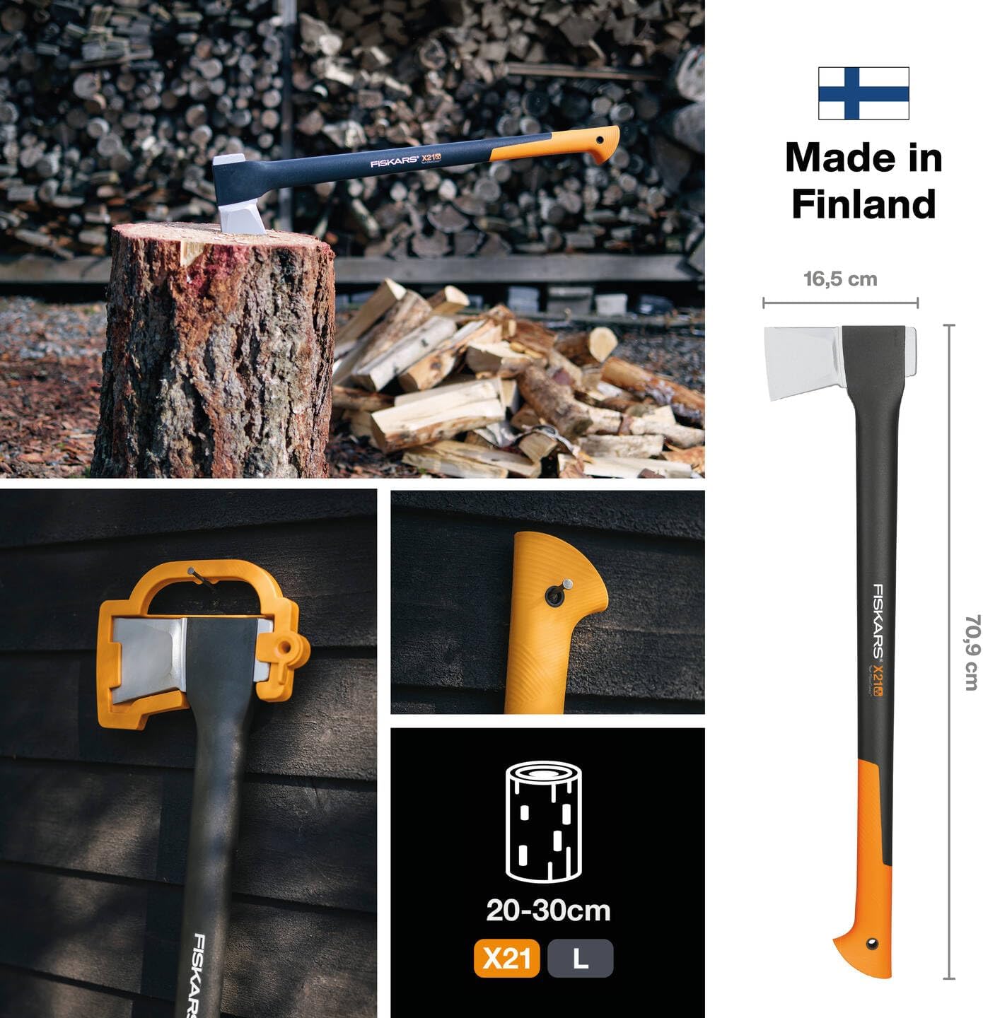 Fiskars Spaltaxt X21-L, 1,63 kg Profi-Holzspaltaxt mit Antihaft-Stahlklinge und Glasfasergriff, 70 cm lange Axt für mittelgroße Stammstücke, inkl. Transportschutz, Schwarz/Orange, 1015642