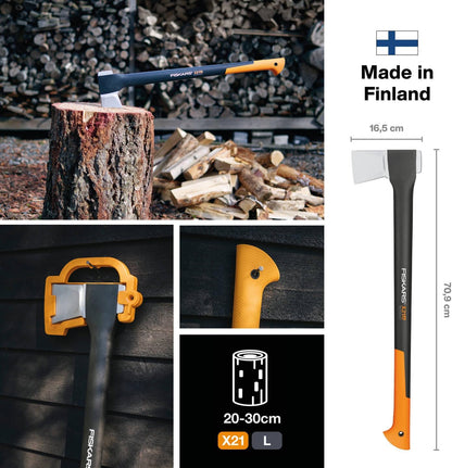 Fiskars Spaltaxt X21-L, 1,63 kg Profi-Holzspaltaxt mit Antihaft-Stahlklinge und Glasfasergriff, 70 cm lange Axt für mittelgroße Stammstücke, inkl. Transportschutz, Schwarz/Orange, 1015642