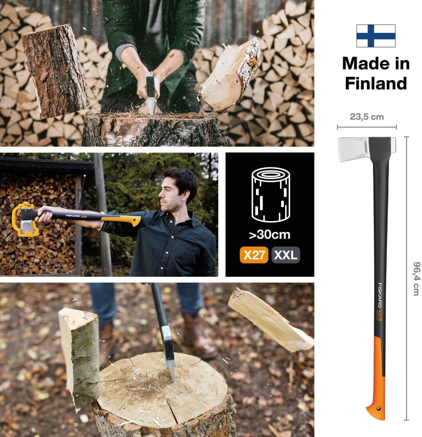 Fiskars Spaltaxt X27-XXL, 2,57 kg 96cm schwere Holzaxt mit langer Klinge und glasfaserverstärktem Griff, Profi-Holzspalter für große Holzstämme über 30 cm, Antihaftklinge inkl. Transportschutz, 1015644