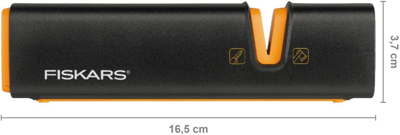 Fiskars Xsharp Keramik-Axt- und Messerschärfer, kompakter Schleifapparat mit Glasfasergehäuse, leichtes Schärfwerkzeug für Äxte und Messer mit rutschfester Standfläche, Gewicht: 90 g