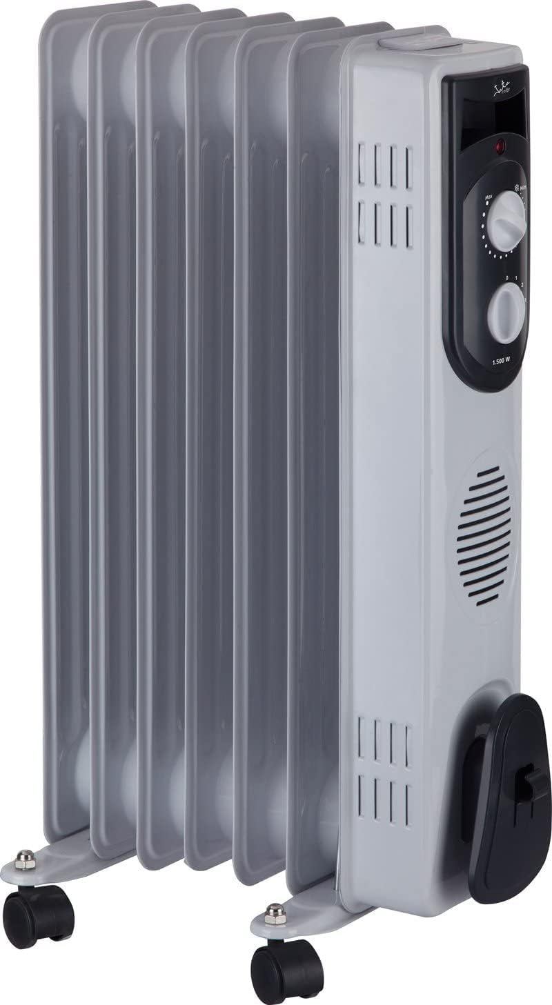 Jata R107 Ölheizgerät 1500W Elektroheizung mit 7 Heizrippen, verstellbarem Thermostat, 3 Heizstufen, Kabelaufwicklung, Griffen und Lenkrollen, energiesparender mobiler Heizkörper für Innenräume in Grau