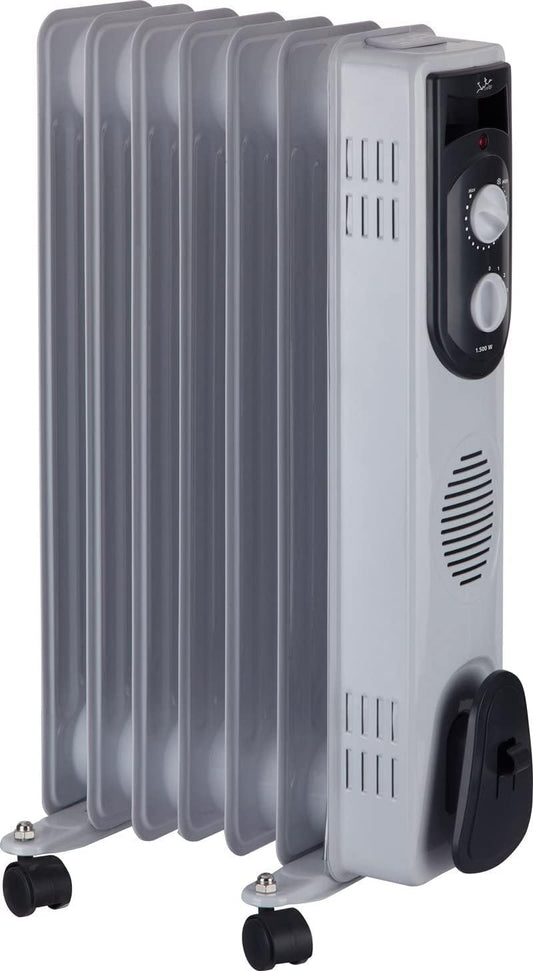 Jata R107 Ölheizgerät 1500W Elektroheizung mit 7 Heizrippen, verstellbarem Thermostat, 3 Heizstufen, Kabelaufwicklung, Griffen und Lenkrollen, energiesparender mobiler Heizkörper für Innenräume in Grau