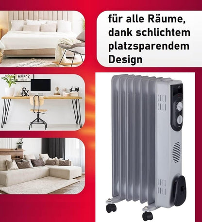 JATA 6R107 Öl-Radiator 1500W, Konvektor, Elektrische Heizung, Heizkörper, Heizlüfter, Kompakter Heizkörper, Thermostatsteuerung, Überhitzungsschutz, mobile Heizung, energiesparend, flexible Heizung