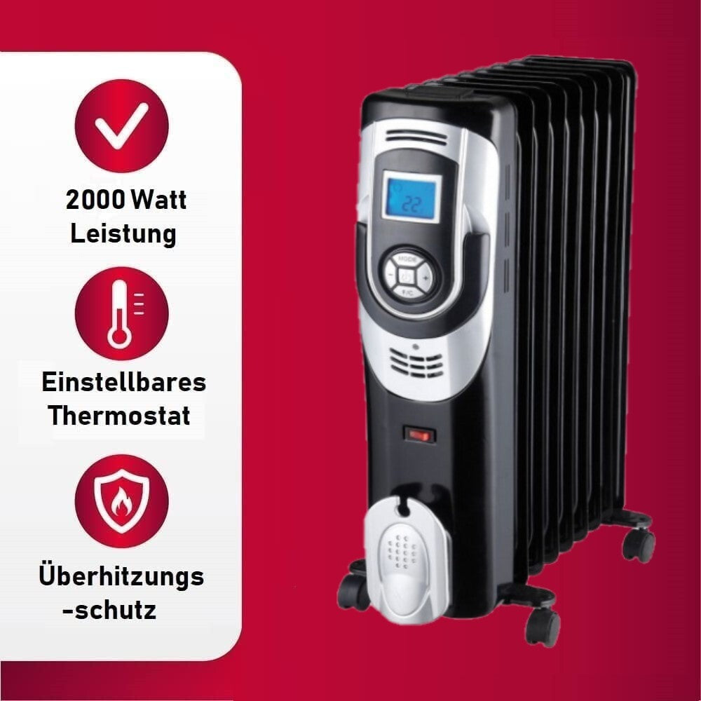 JUNG DREXON EUR25 Ölradiator Elektrische Heizung 2500W Heizkörper mit Thermostat, Starker Öl-Radiator mit 11 Rippen, Leise Raumheizung, Mobil, Timerfunktion, Zusatzheizung für 35m²