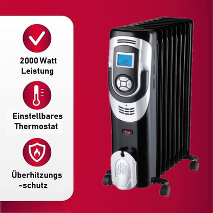 JUNG DREXON EUR25 Ölradiator Elektrische Heizung 2500W Heizkörper mit Thermostat, Starker Öl-Radiator mit 11 Rippen, Leise Raumheizung, Mobil, Timerfunktion, Zusatzheizung für 35m²