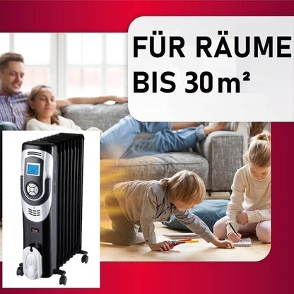 JUNG DREXON EUR20 Ölradiator Elektrische Heizung 2000W Heizkörper mit Thermostat, Mobiler Öl-Radiator mit 9 Rippen, Timerfunktion, Leiser Betrieb, Innenraumheizung für 30m² Räume