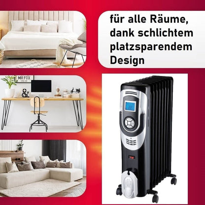 JUNG DREXON EUR20 Ölradiator Elektrische Heizung 2000W Heizkörper mit Thermostat, Mobiler Öl-Radiator mit 9 Rippen, Timerfunktion, Leiser Betrieb, Innenraumheizung für 30m² Räume