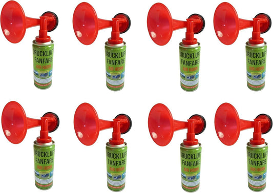 JUNG Druckluftfanfare Air Horn Set 8x 210ml Stadion Fanfare Gashupe EM 2024 Fantröte Fußball Europameisterschaft Tröte Signalhorn Hupe Airhorn Warnsignal Drucklufthupe