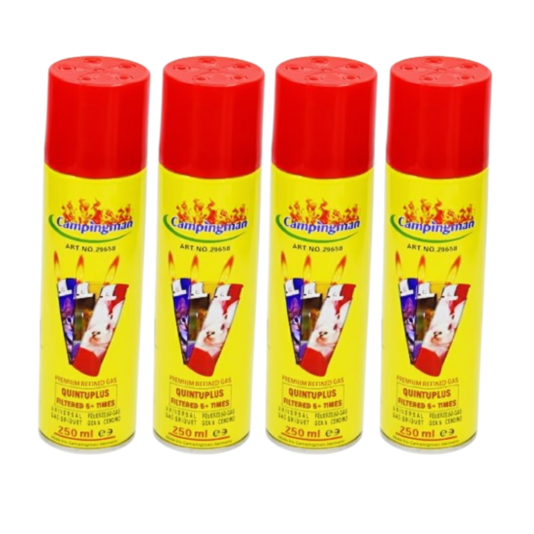 JUNG Feuerzeuggas 300ml 4x Butangas Für Feuerzeuge Tragbar Camping Outdoor Survival Notfall Kompakt Robust Zuverlässig Wiederbefüllbar