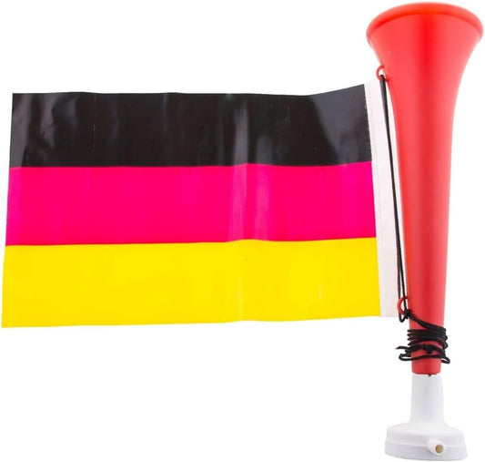 JUNG Tröte mit integrierter Deutschlandfahne – Lautstarkes Fan-Accessoire für die EM 2024, Unisex, Schwarz-Rot-Gold, Ideal für Stadion, Public Viewing und Zuhause