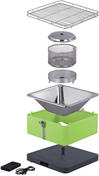 JUNG BBQ Arizona rauchfreier Holzkohle-Grill für Balkon, Terrasse, Boot – kompakter, mobiler Grill mit Edelstahlkonstruktion, schnelles Aufheizen, inklusive 6x Brennpaste und wiederaufladbarem Akku