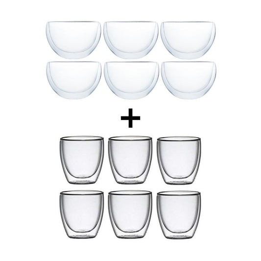 Klasique Doppelwandige Gläser Set – 6 Espressogläser 100ml & 6 Teegläser 300ml, Thermogläser mit Schwebeeffekt, Borosilikat, Handgefertigte 12x Glöser