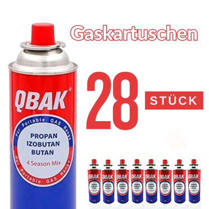 JUNG QBAK 28 Gaskartuschen Butangas 227g für Campingkocher, Gaskocher, Lötbrenner – Ersatzkartuschen für Outdoor-Gasgeräte, kompatibel mit Bajonettanschluss, sichere und langlebige Butangaskartusche Gas