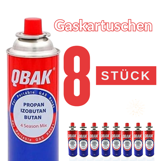 RESCH QBAK 8er Set Butangas Gaskartuschen 227g für Campingkocher, Gasbrenner, Heizstrahler – Bajonettanschluss, Butan Gasflasche für Outdoor, Gasgeräte, sichere Anwendung, hohe Brenntemperatur Gas